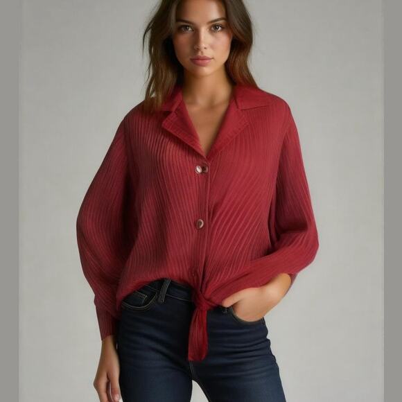 Parsley & Sage Red Multi Silk Textured Pintuck Long Sleeve Tunic Blouse Plus 1X - Picture 2 of 13